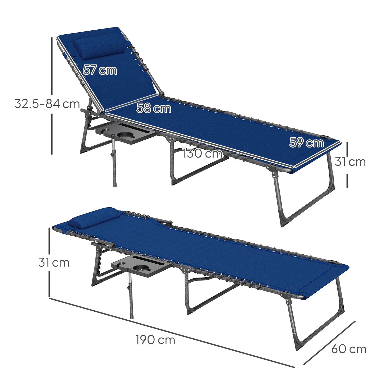 Folding Sun Lounger with 5-Level Reclining Back, Side Table, Blue