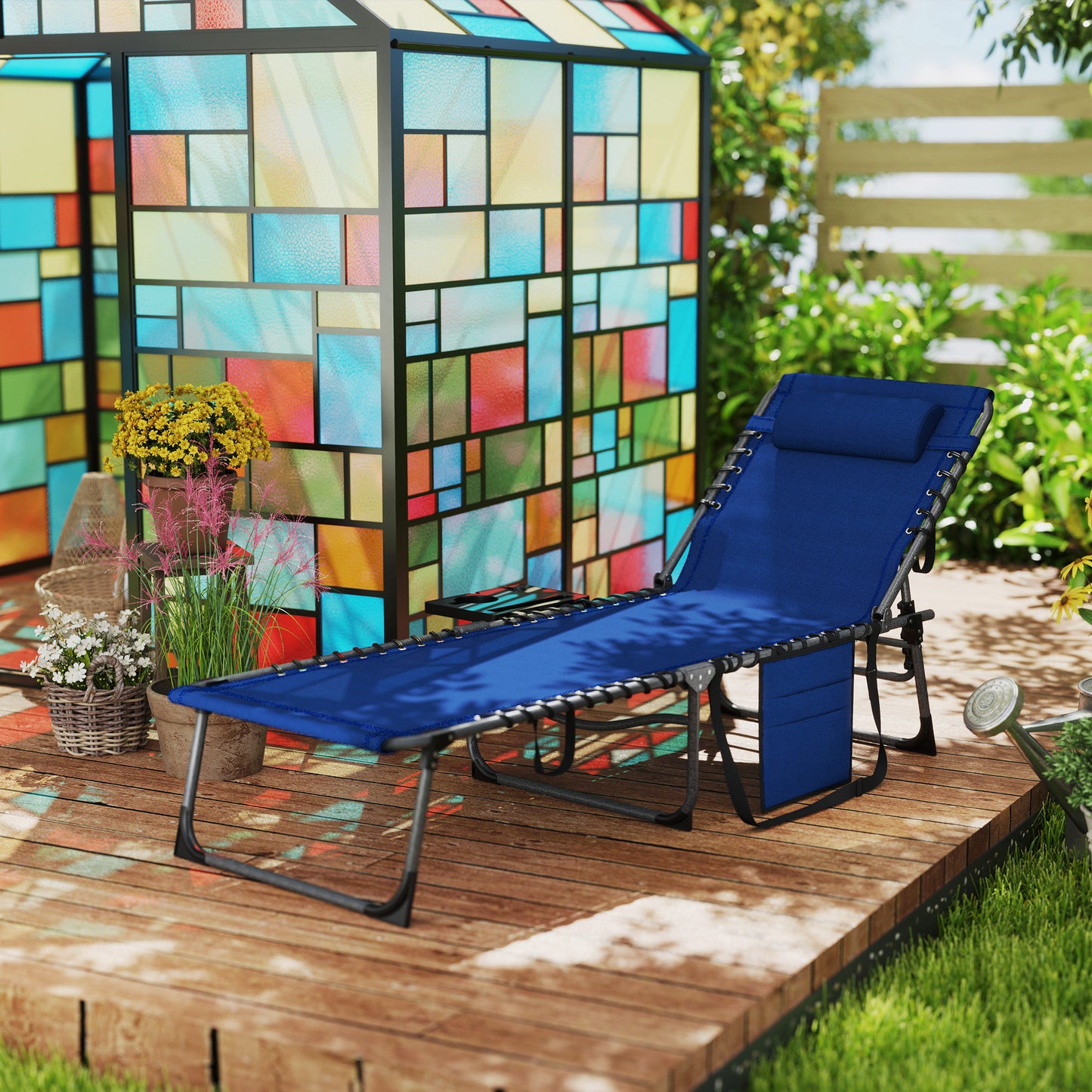 Folding Sun Lounger with 5-Level Reclining Back, Side Table, Blue