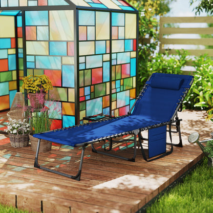 Folding Sun Lounger with 5-Level Reclining Back, Side Table, Blue