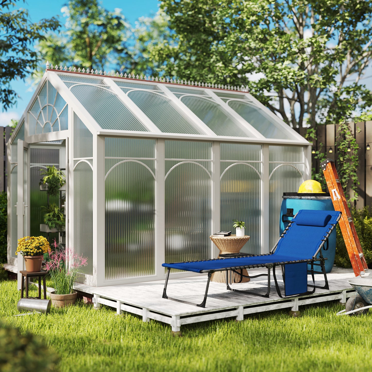 Folding Sun Lounger with 5-Level Reclining Back, Side Table, Blue