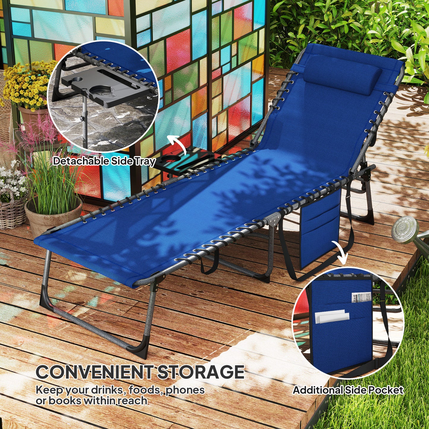 Folding Sun Lounger with 5-Level Reclining Back, Side Table, Blue