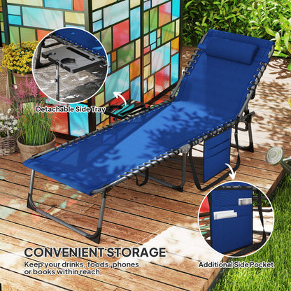Folding Sun Lounger with 5-Level Reclining Back, Side Table, Blue