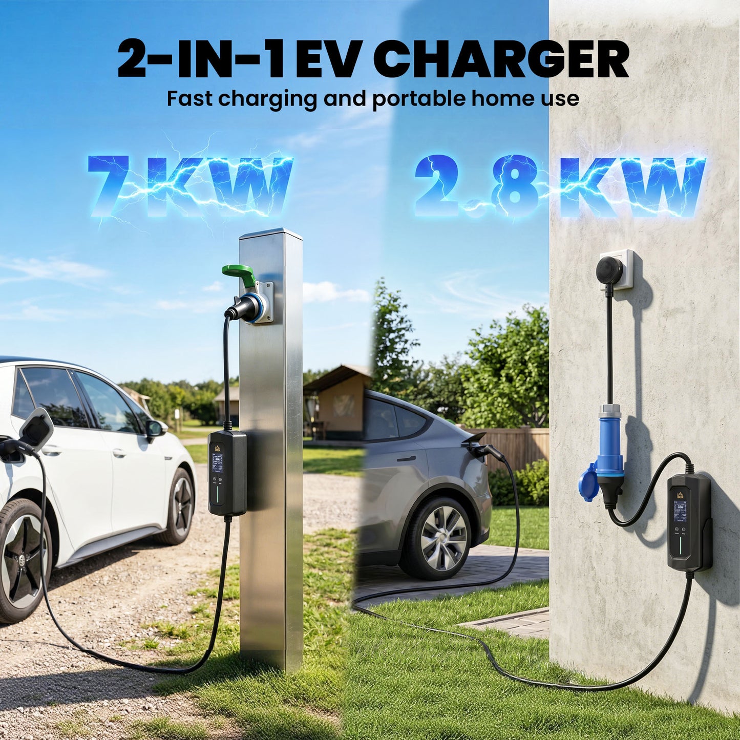 EV Charger 7kW Type 2 to Blue CEE 32A Plug with UK 3 Pin Adapter, 10m, 6/8/10/16/20/24/32A, 1-12h Time Delay/Duration, 1 Phase, IP65 Portable Electric Car Charger with Carry Bag for EVs, PHEVs
