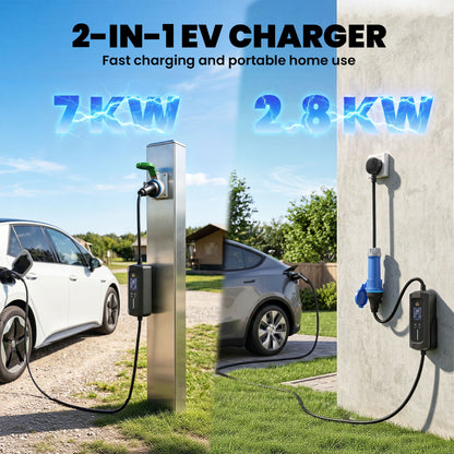 EV Charger 7kW Type 2 to Blue CEE 32A Plug with UK 3 Pin Adapter, 10m, 6/8/10/16/20/24/32A, 1-12h Time Delay/Duration, 1 Phase, IP65 Portable Electric Car Charger with Carry Bag for EVs, PHEVs