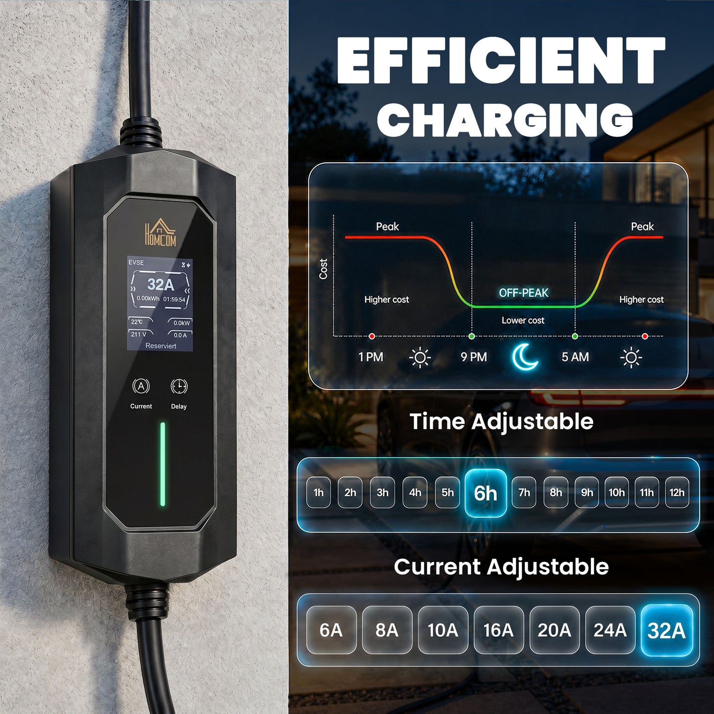 EV Charger 7kW Type 2 to Blue CEE 32A Plug with UK 3 Pin Adapter, 10m, 6/8/10/16/20/24/32A, 1-12h Time Delay/Duration, 1 Phase, IP65 Portable Electric Car Charger with Carry Bag for EVs, PHEVs