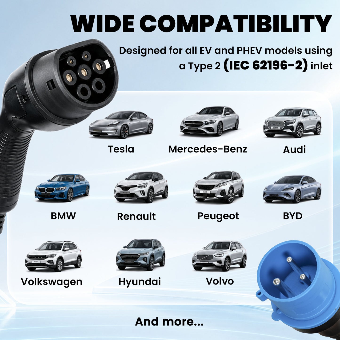 EV Charger 7kW Type 2 to Blue CEE 32A Plug with UK 3 Pin Adapter, 10m, 6/8/10/16/20/24/32A, 1-12h Time Delay/Duration, 1 Phase, IP65 Portable Electric Car Charger with Carry Bag for EVs, PHEVs