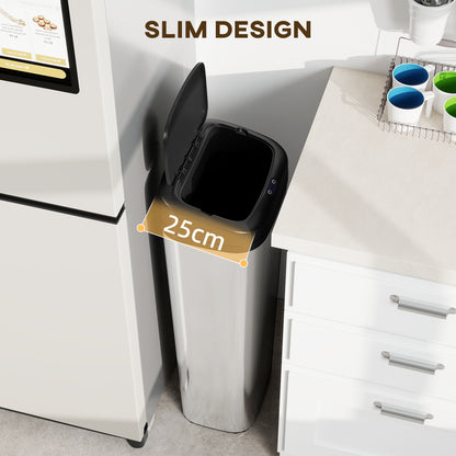 50L Sensor Bin, Stainless Steel Slim Kitchen Bin, Fingerprint-Proof