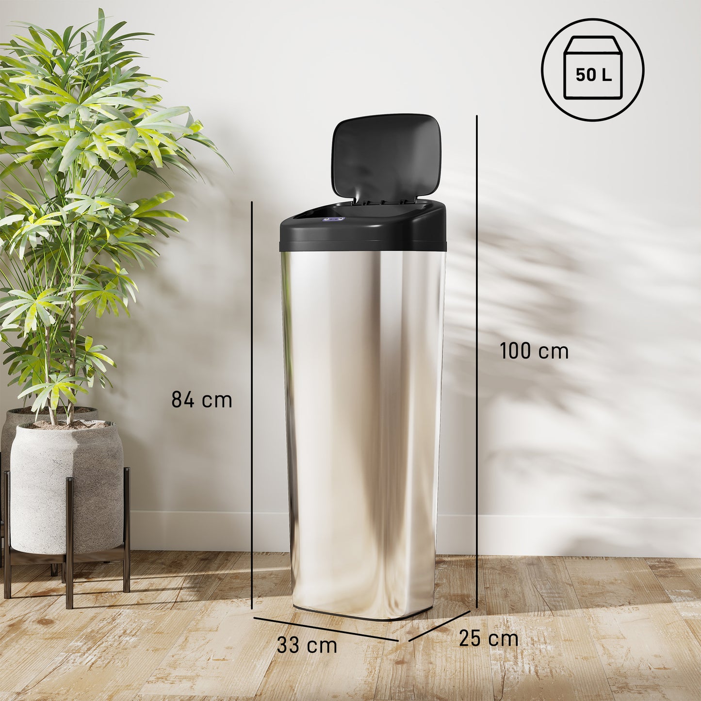 50L Sensor Bin, Stainless Steel Slim Kitchen Bin, Fingerprint-Proof