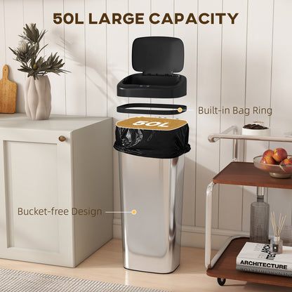 50L Sensor Bin, Stainless Steel Slim Kitchen Bin, Fingerprint-Proof