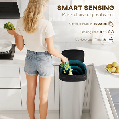 50L Sensor Bin, Stainless Steel Slim Kitchen Bin, Fingerprint-Proof