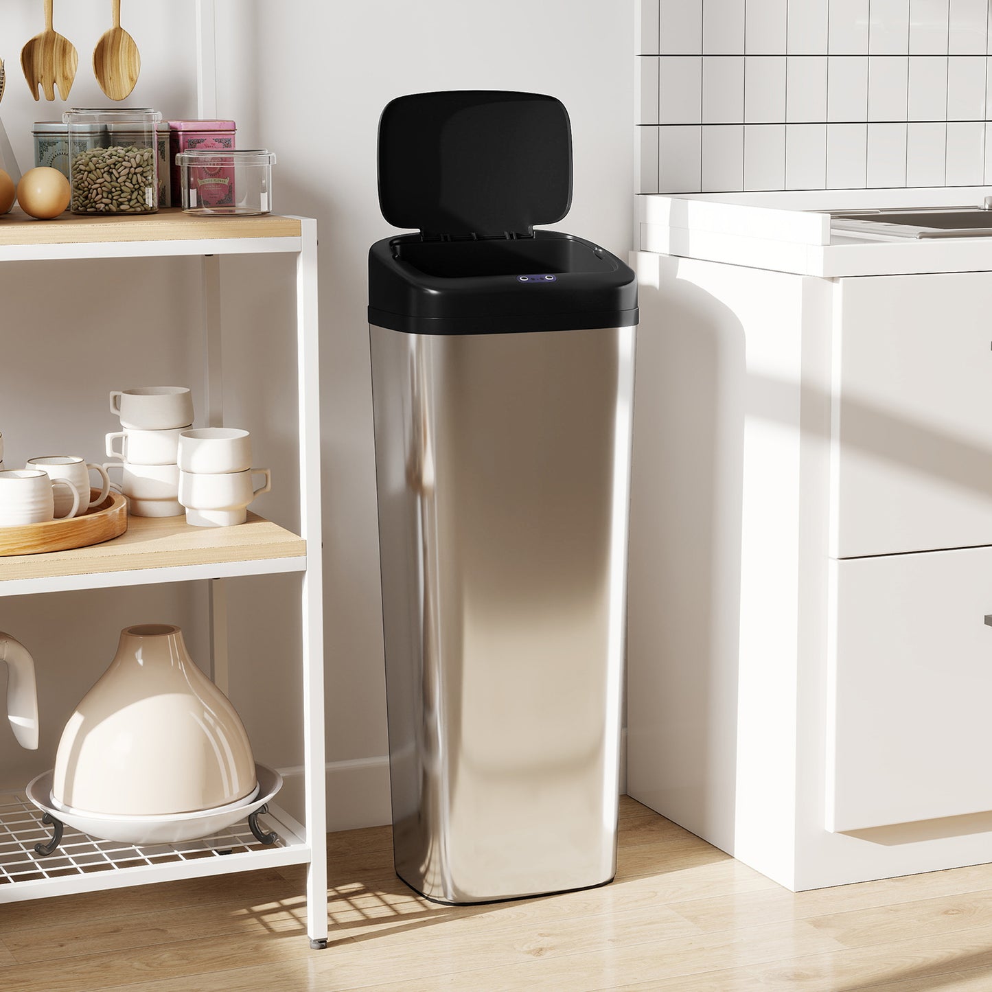 50L Sensor Bin, Stainless Steel Slim Kitchen Bin, Fingerprint-Proof