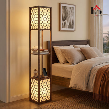 2-Light Modern Floor Lamp with Shelves for Bedroom, Rustic Brown