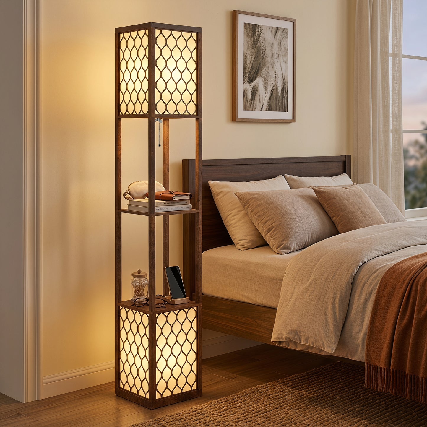 2-Light Modern Floor Lamp with Shelves for Bedroom, Rustic Brown