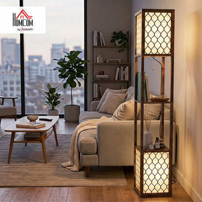 2-Light Modern Floor Lamp with Shelves for Bedroom, Rustic Brown