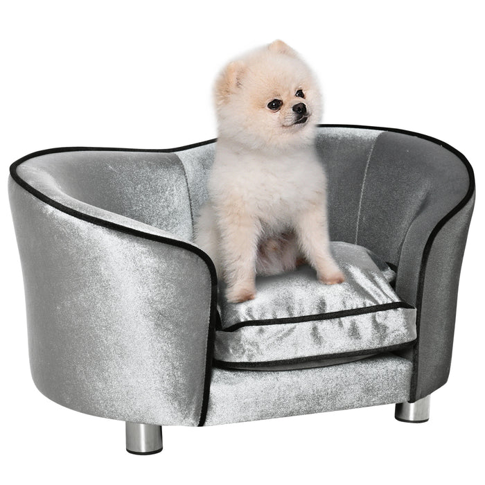 Pet Sofa Couch, Dog Bed, Cat Lounger, with Storage Pocket Removable Cushion Modern Furniture for Small Dogs, 69 x 49 x 38cm, Silver Grey