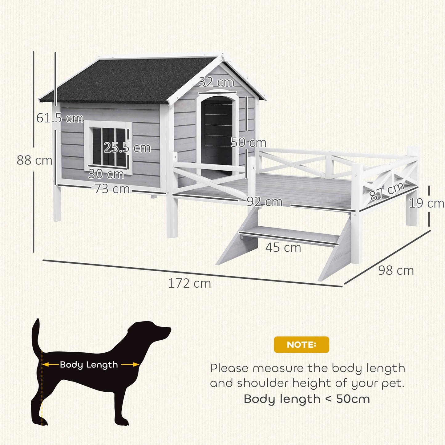 Wooden Dog House w/ Porch, Water-resistant Roof, for S M Dogs, Grey