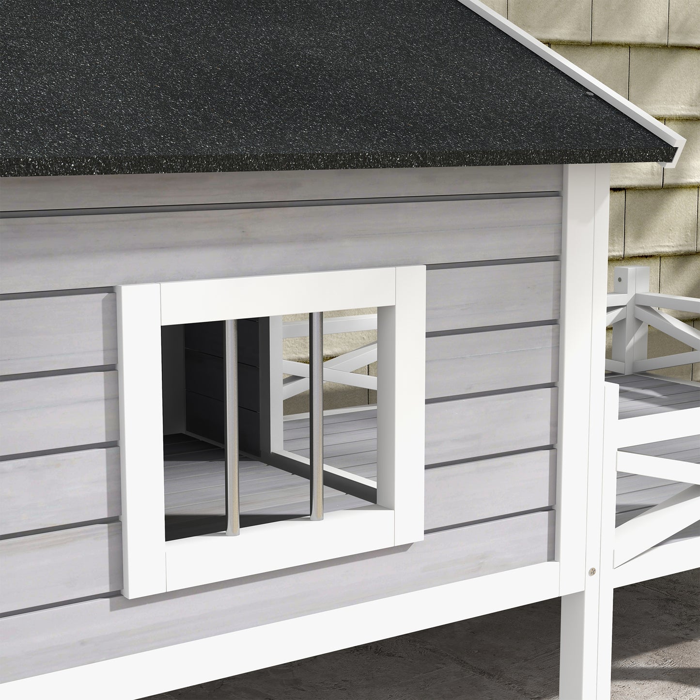 Wooden Dog House w/ Porch, Water-resistant Roof, for S M Dogs, Grey