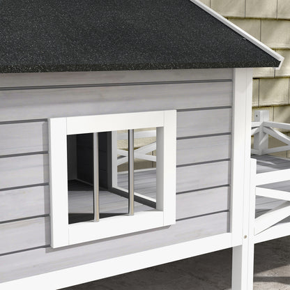 Wooden Dog House w/ Porch, Water-resistant Roof, for S M Dogs, Grey