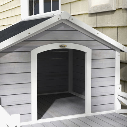 Wooden Dog House w/ Porch, Water-resistant Roof, for S M Dogs, Grey
