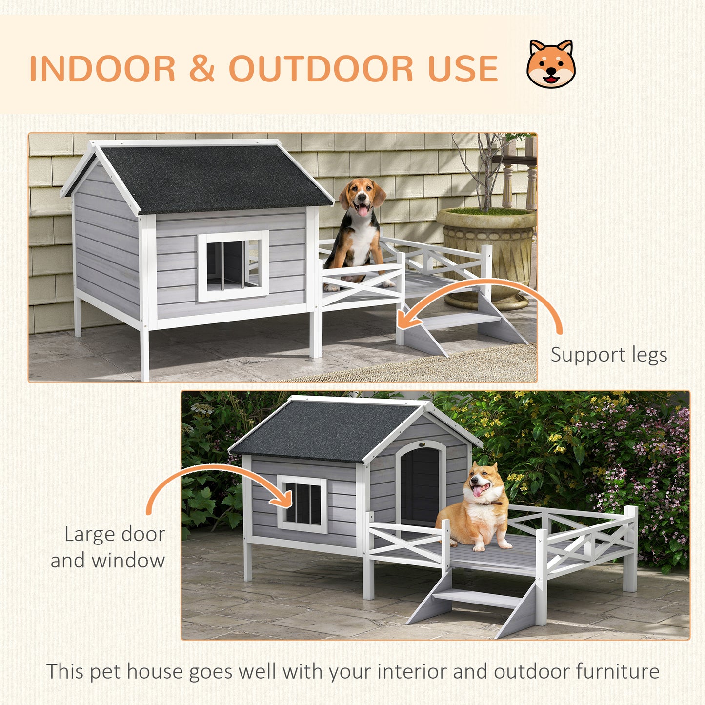 Wooden Dog House w/ Porch, Water-resistant Roof, for S M Dogs, Grey