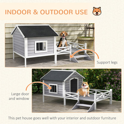 Wooden Dog House w/ Porch, Water-resistant Roof, for S M Dogs, Grey
