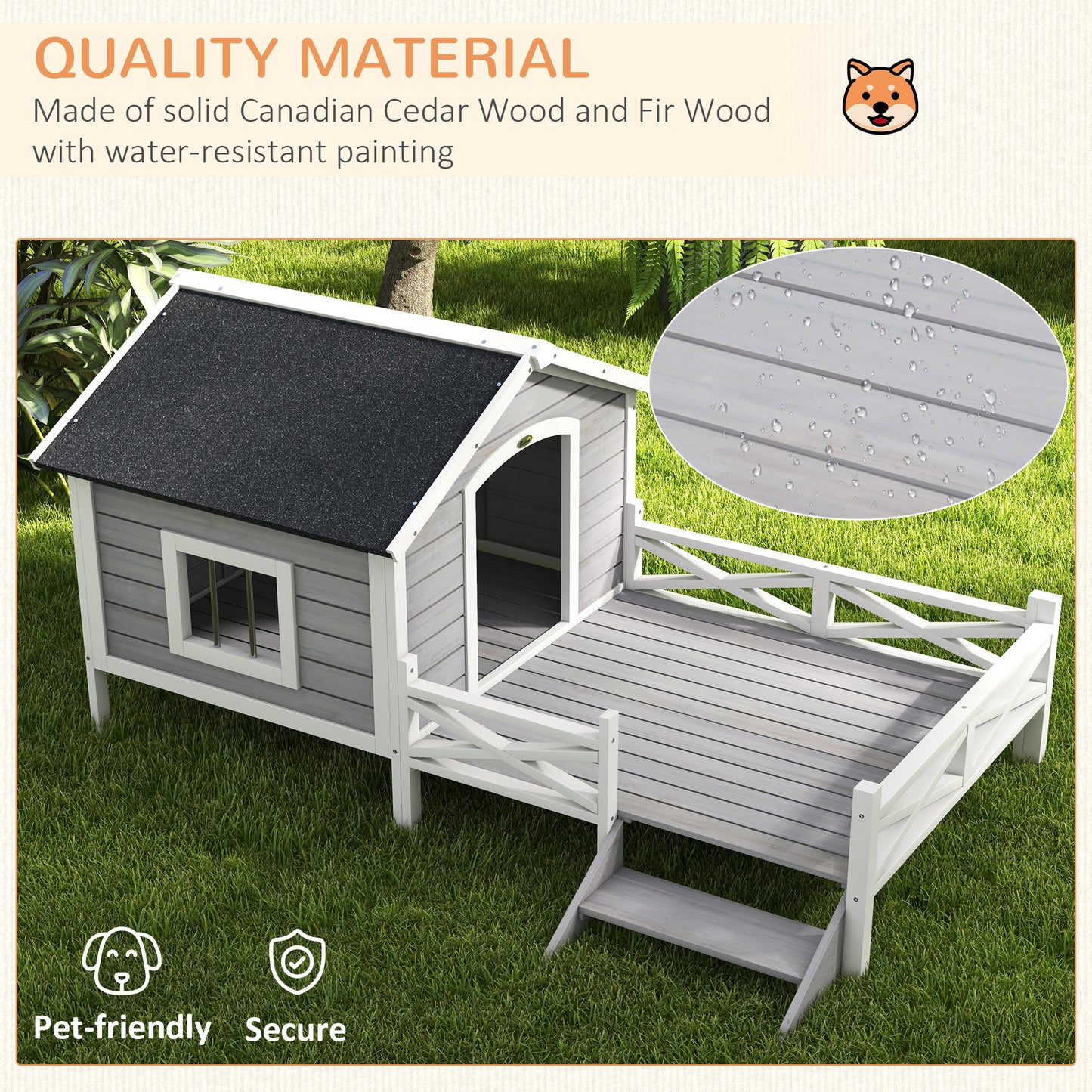 Wooden Dog House w/ Porch, Water-resistant Roof, for S M Dogs, Grey