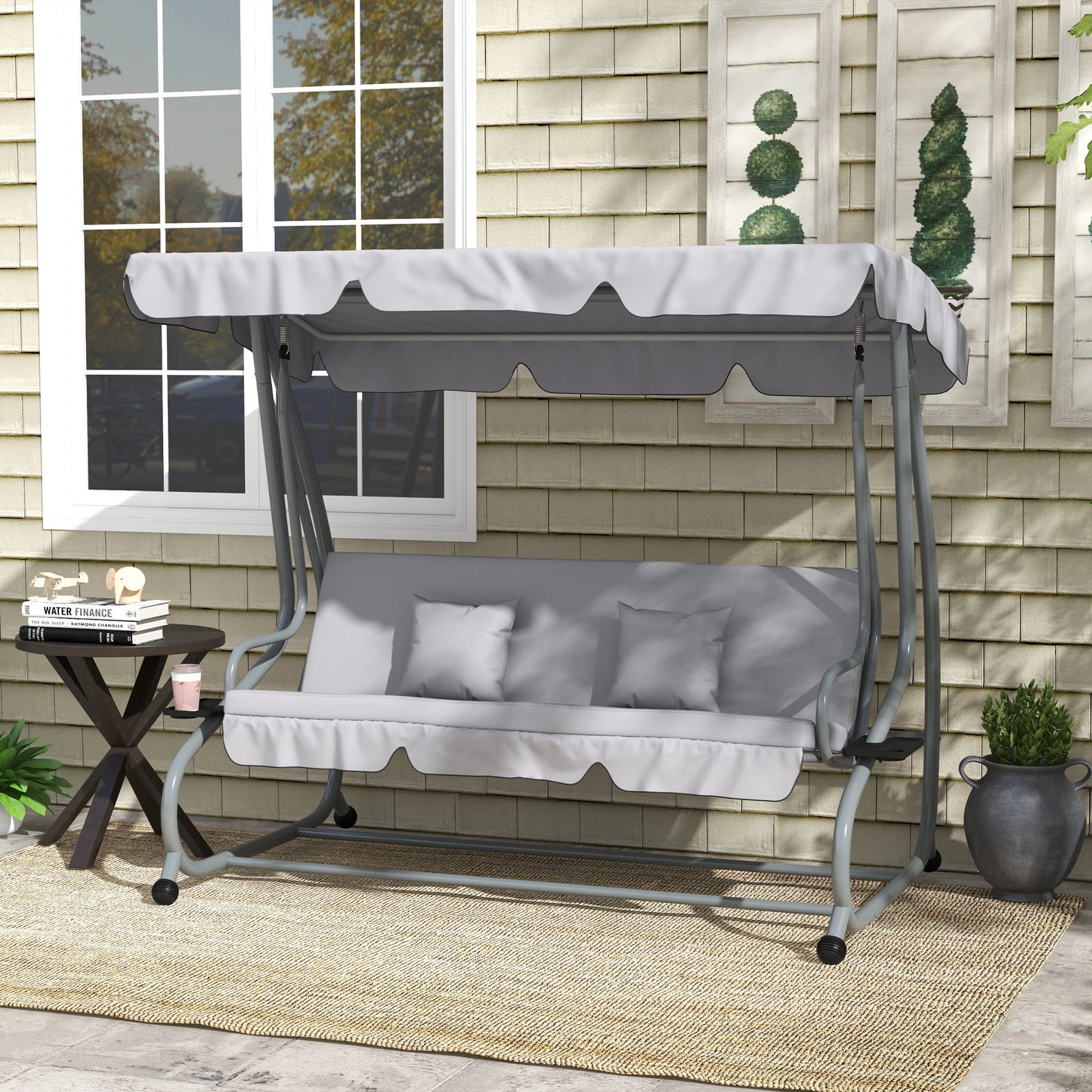 2-in-1 Garden Swing Chair for 3 Person w/ Adjustable Canopy, Grey