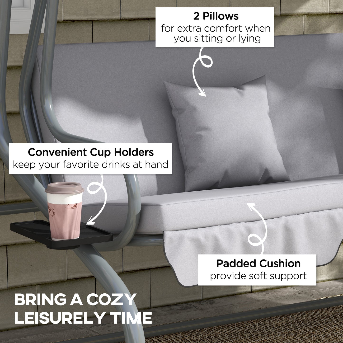 2-in-1 Garden Swing Chair for 3 Person w/ Adjustable Canopy, Grey