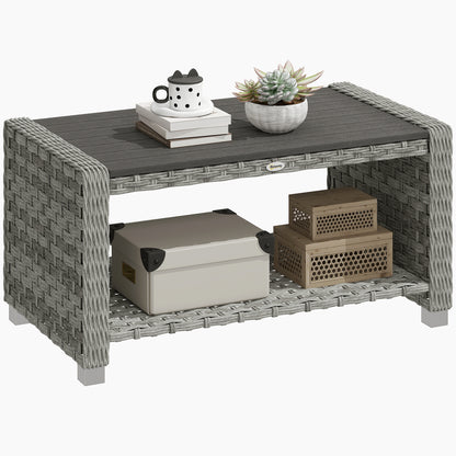 Outdoor Coffee Table with Storage Shelf and Slatted Top, Grey