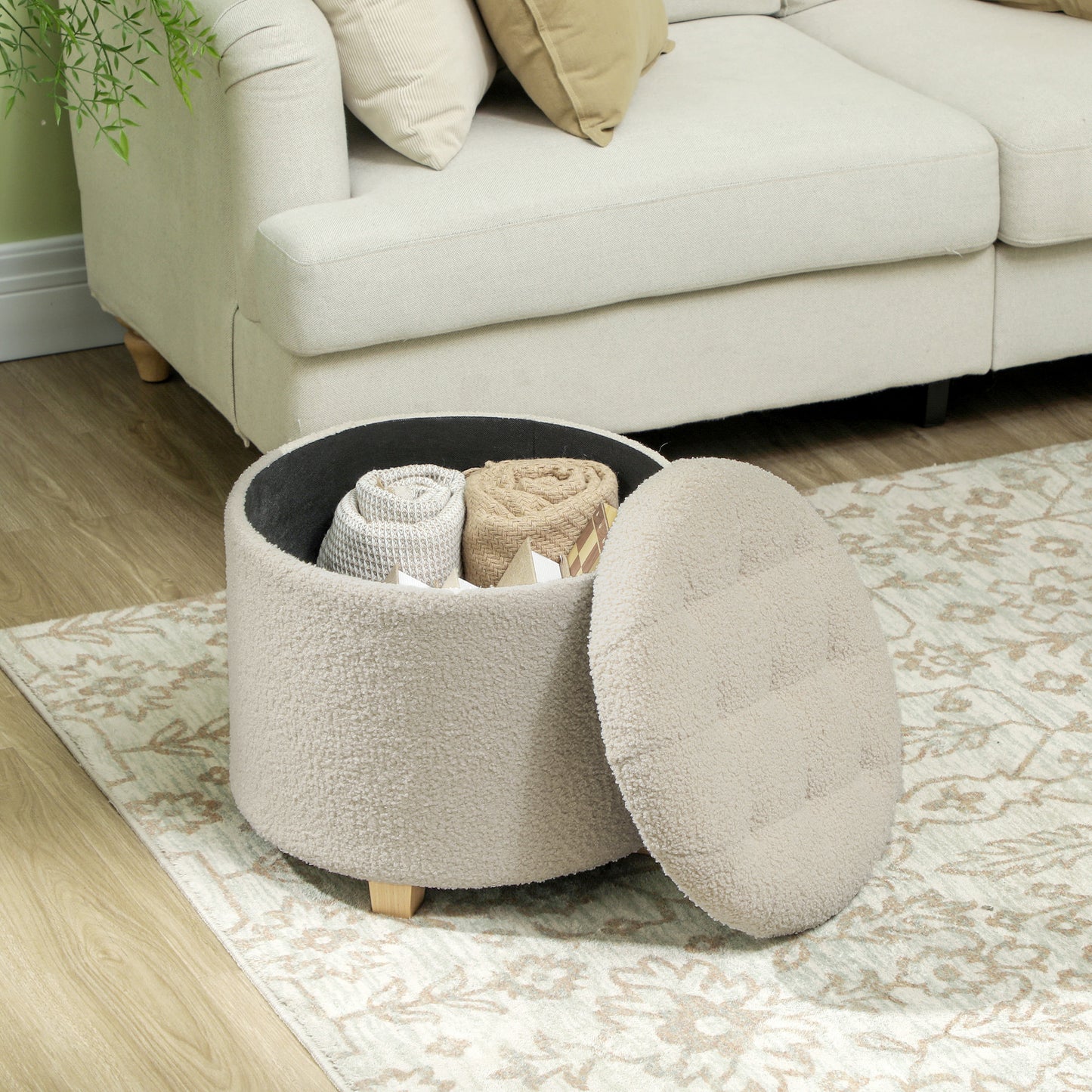 45cm Round Ottoman with Storage, Lid, Cashmere Footstool, Cream White