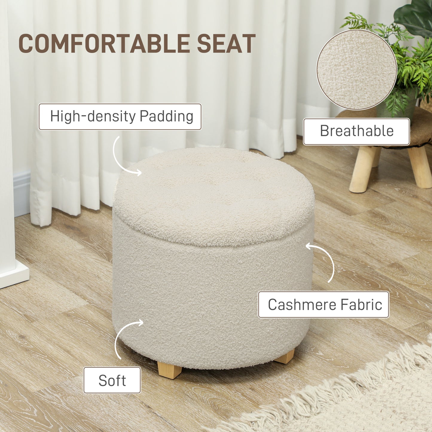 45cm Round Ottoman with Storage, Lid, Cashmere Footstool, Cream White