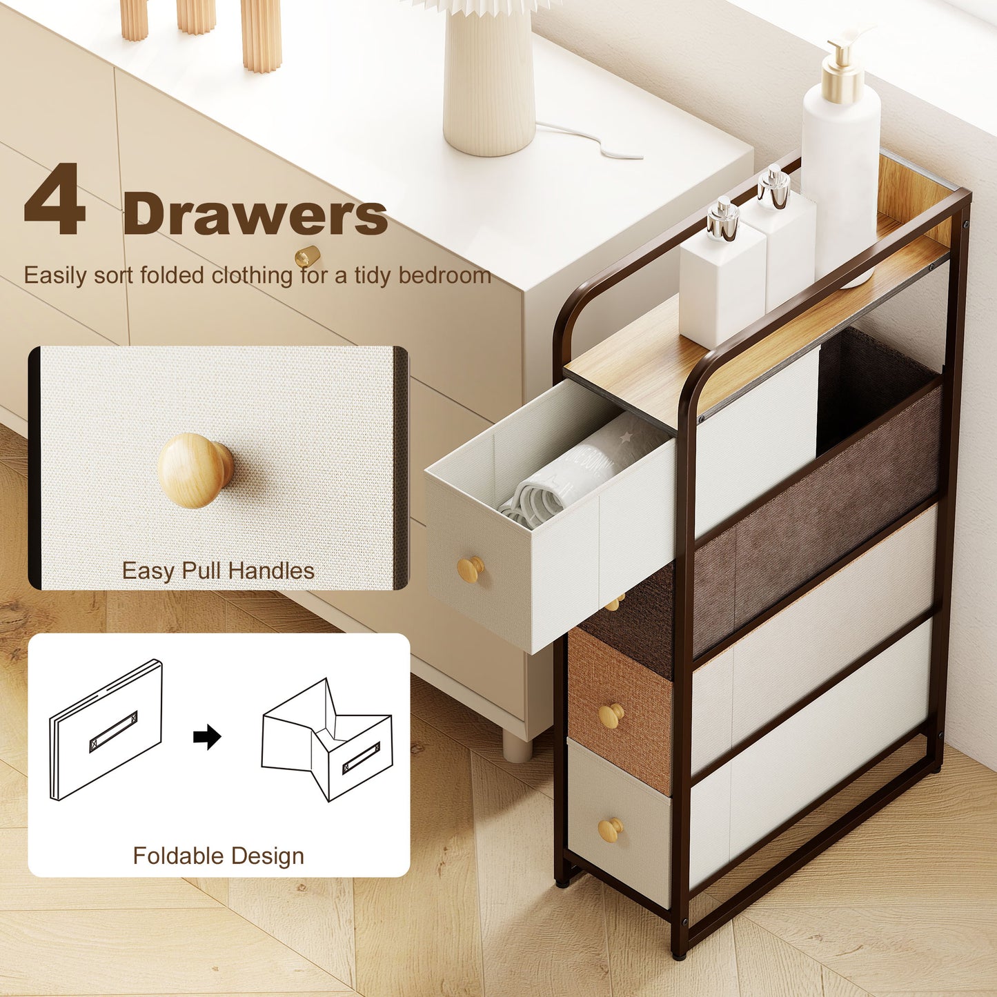 4-Drawer Storage Organiser Unit with Steel Frame, Mixed-Brown