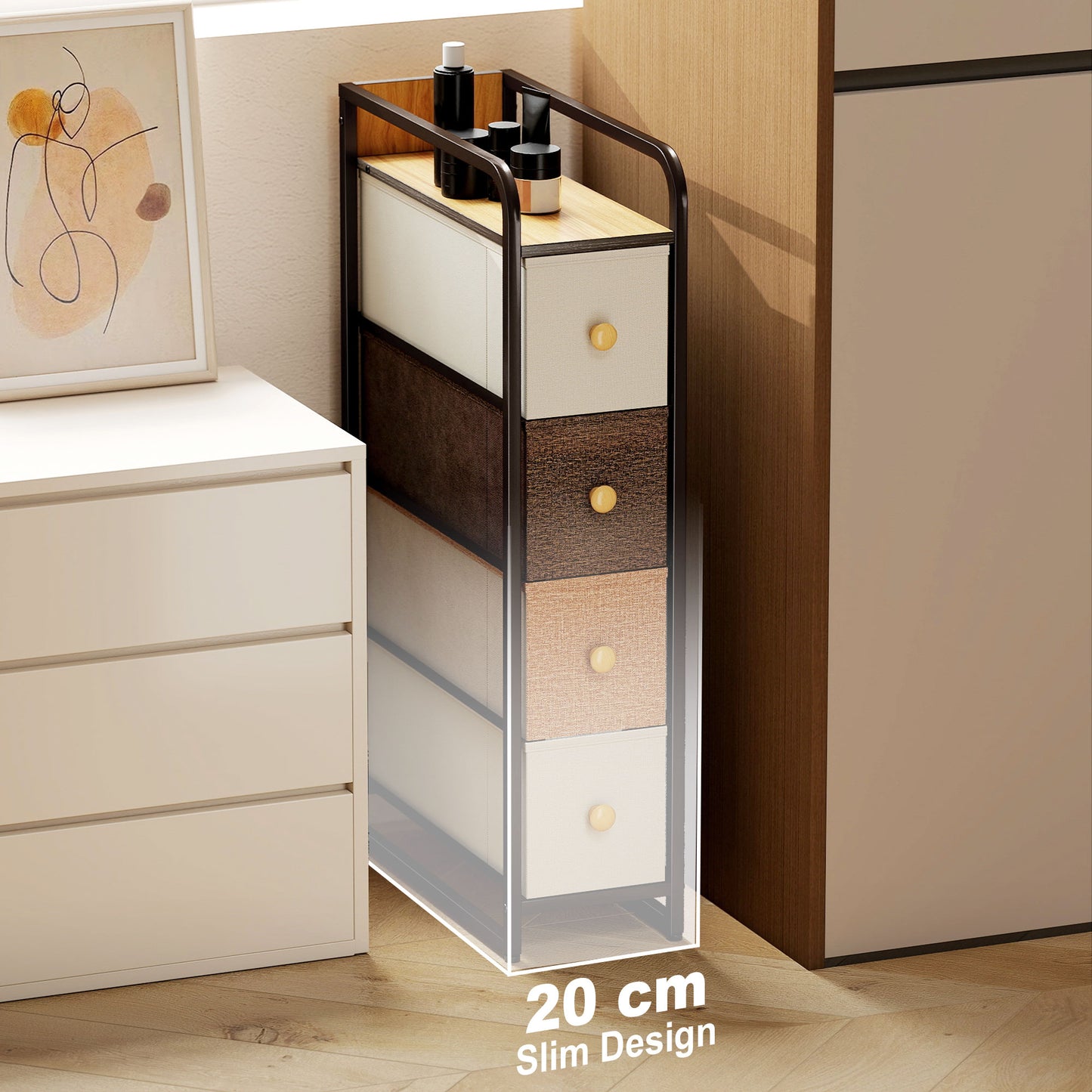 4-Drawer Storage Organiser Unit with Steel Frame, Mixed-Brown