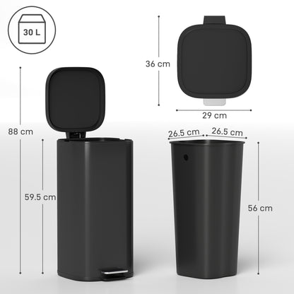 30L Kitchen Bin, Pedal Bin with Lid, Removable Inner Bucket, Black