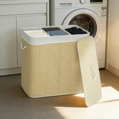 144L Laundry Basket with Lid, 3 Section Bamboo Laundry Hamper with Removable and Washable Liner, Handles, Dirty Clothes Hamper for Bathroom, Bedroom, Cream White