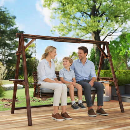 3 Seater Wooden Garden Swing Seat Chair with Side Trays and Cushion