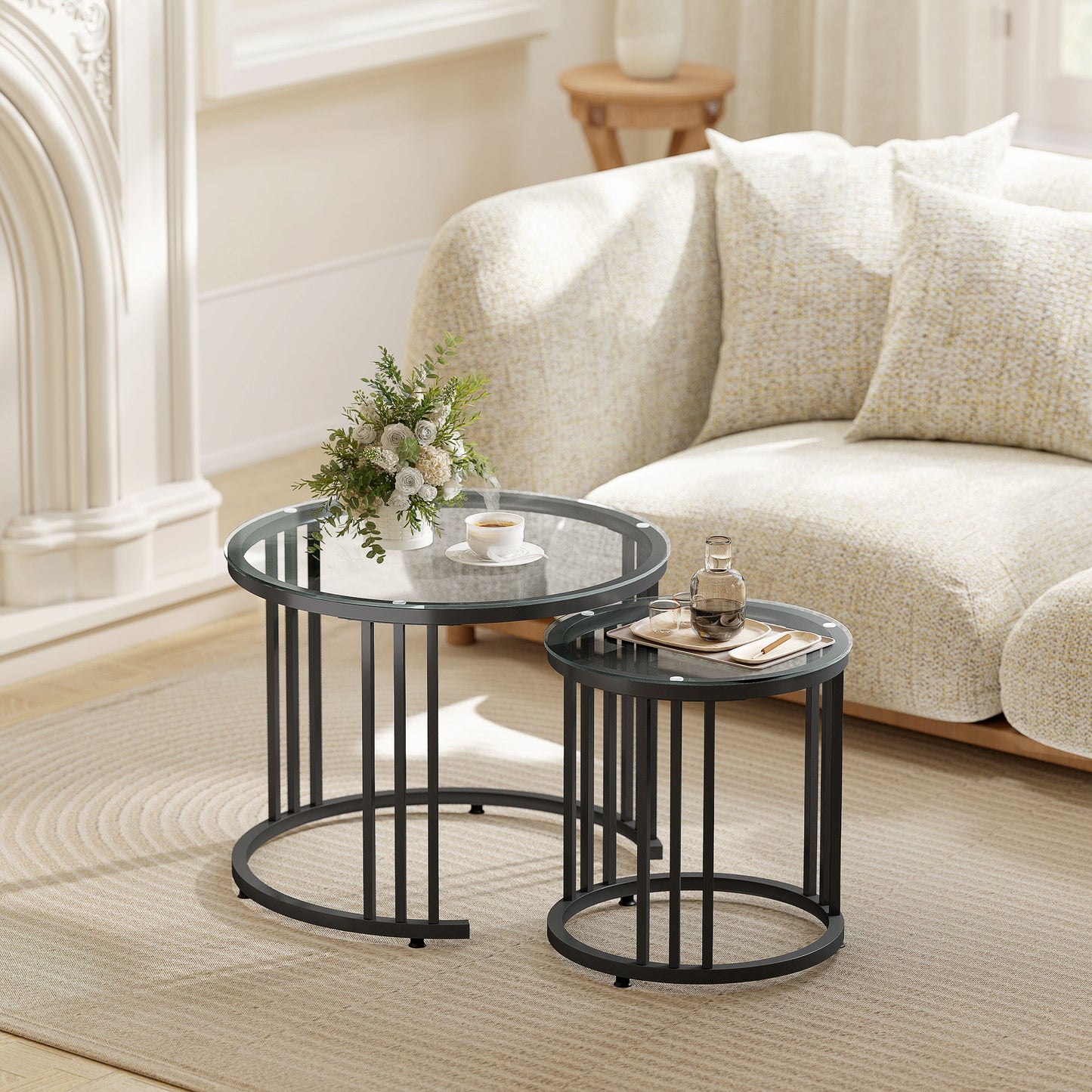 2 Pieces Round Nesting Coffee Tables with Tempered Glass Top, Black