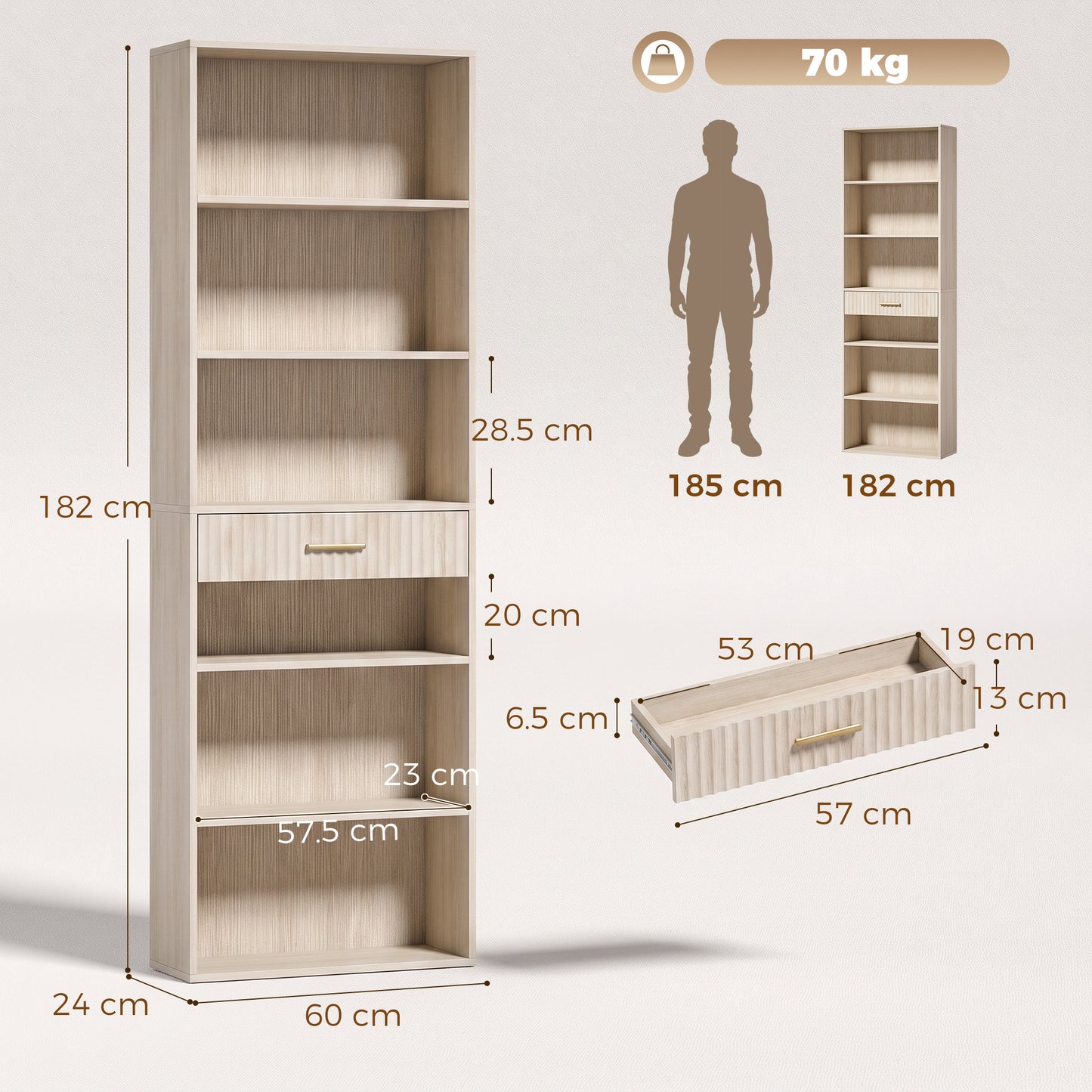 Tall Bookcase with Cubes, 7-Tier Bookshelf with Drawer, Oak