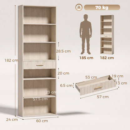 Tall Bookcase with Cubes, 7-Tier Bookshelf with Drawer, Oak