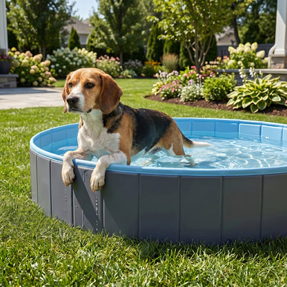 Foldable Dog Pool for Puppies and Ducks, Thickened PVC Dog Paddling Pool Bath Tub Hard Board, Anti-Slip Bottom and Hose Adapter for Easy Drainage, 120 x 30cm, Dark Grey and Blue