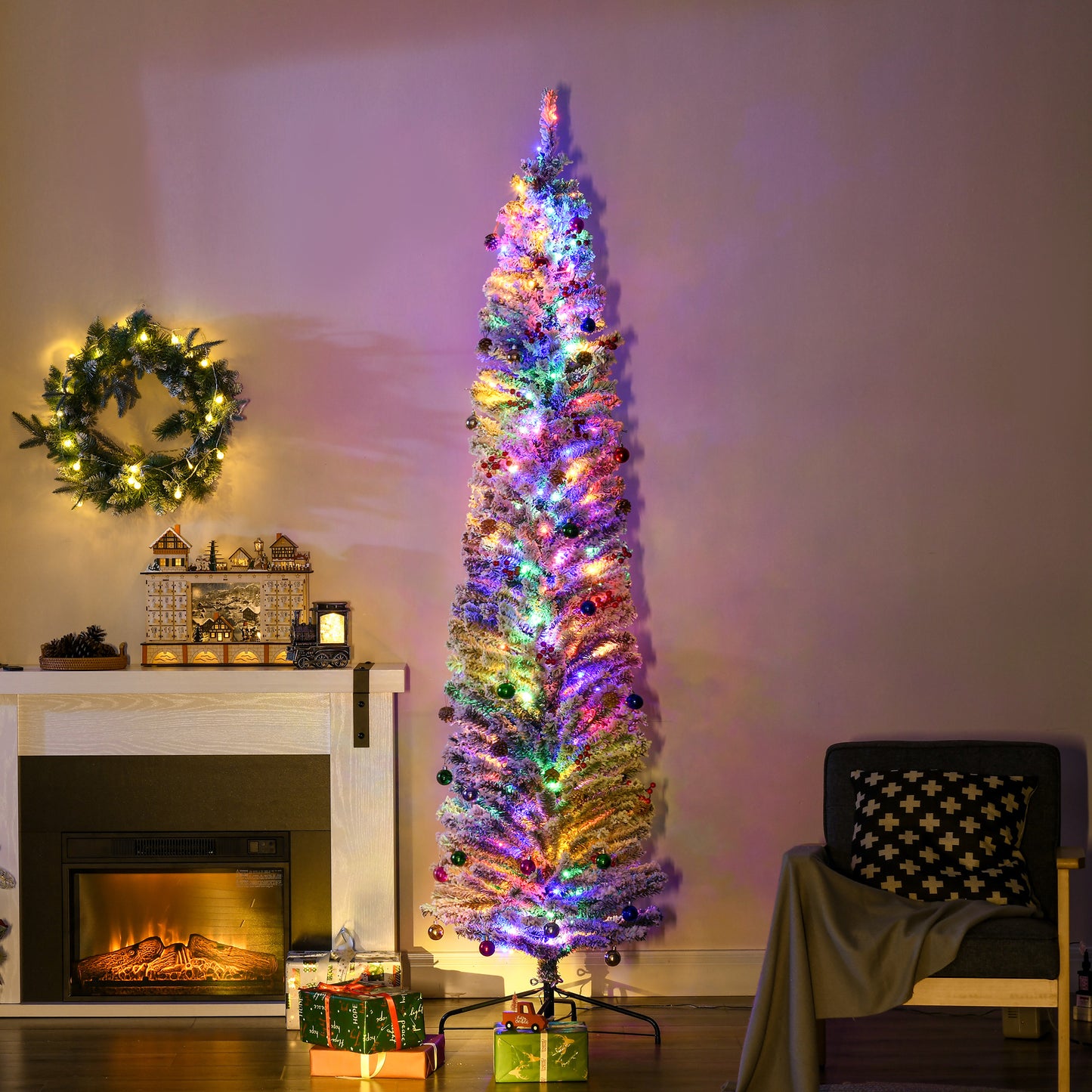 7.5' Artificial Christmas Tree with Flocked Tips, LED Lights, Decoration