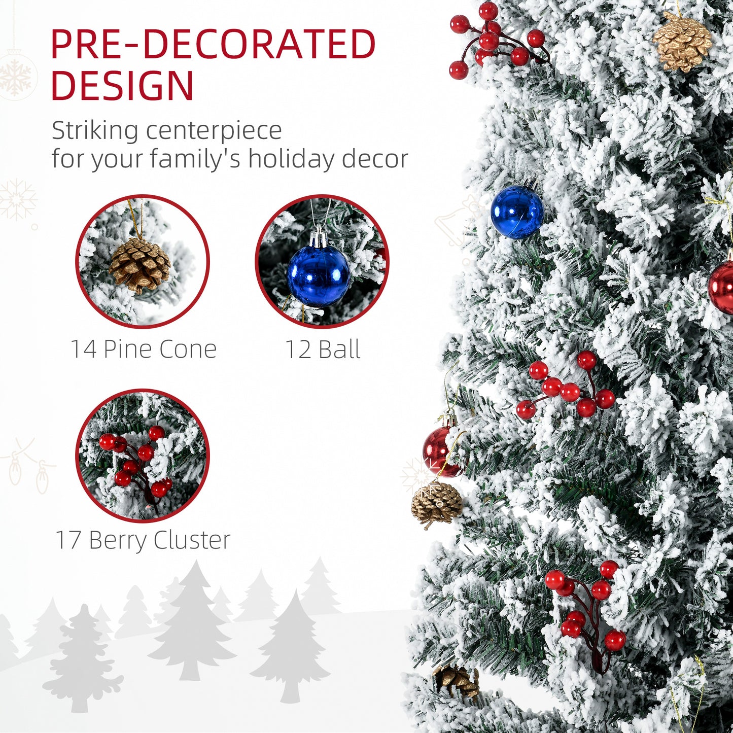 7.5' Artificial Christmas Tree with Flocked Tips, LED Lights, Decoration