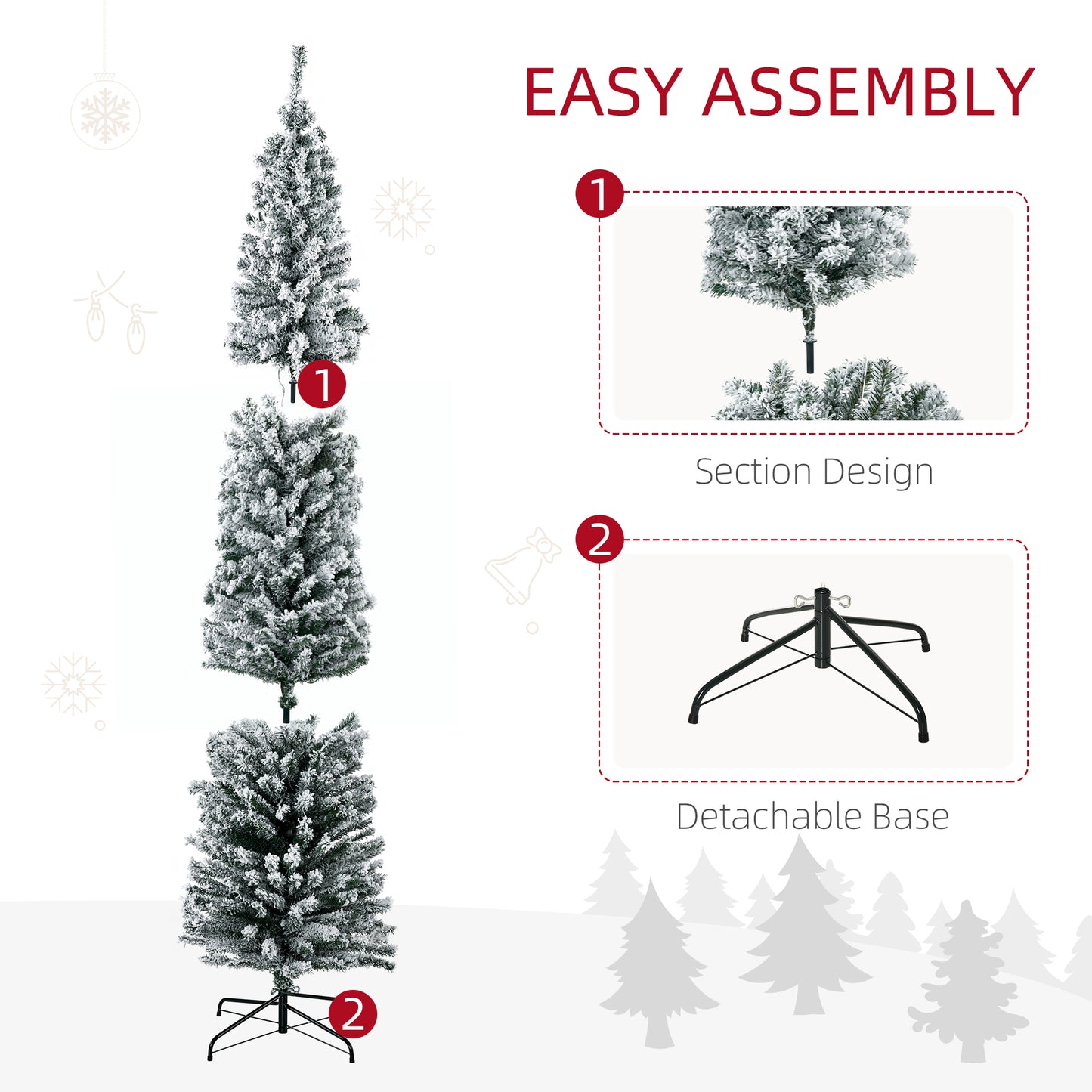 7.5' Artificial Christmas Tree with Flocked Tips, LED Lights, Decoration