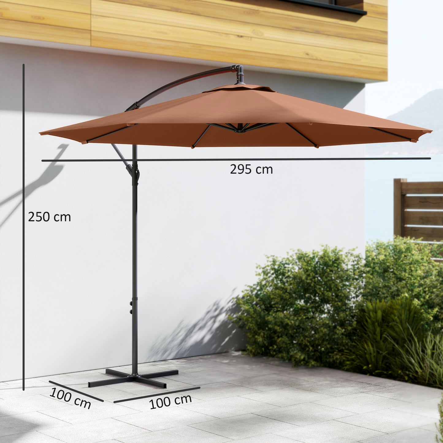 3(m) Garden Banana Parasol Cantilever Umbrella w/ Base, Coffee