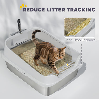 XL Stainless Steel Cat Litter Box with High Sides, 60 x 40 x 30 cm