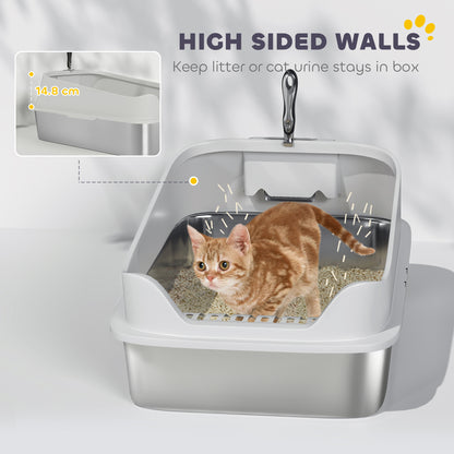 XL Stainless Steel Cat Litter Box with High Sides, 60 x 40 x 30 cm