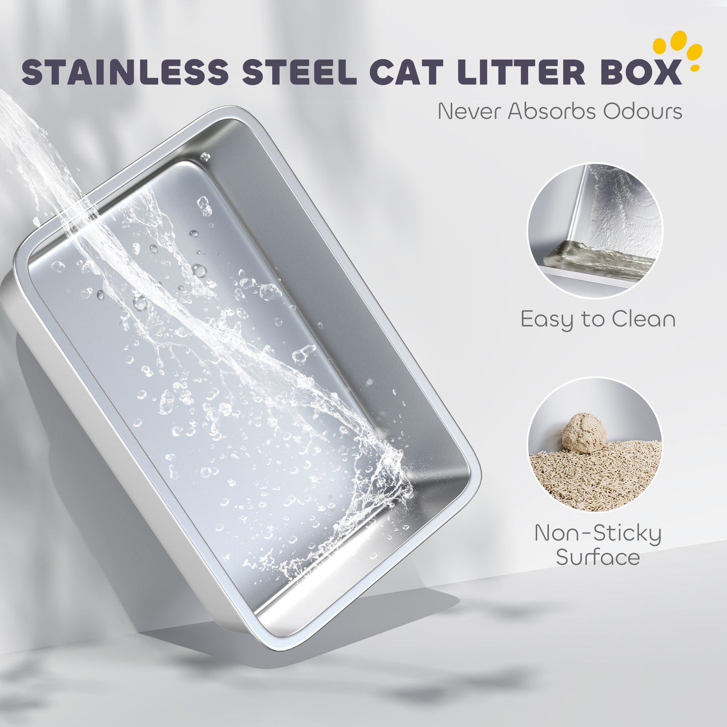 XL Stainless Steel Cat Litter Box with High Sides, 60 x 40 x 30 cm