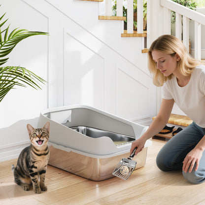 XL Stainless Steel Cat Litter Box with High Sides, 60 x 40 x 30 cm