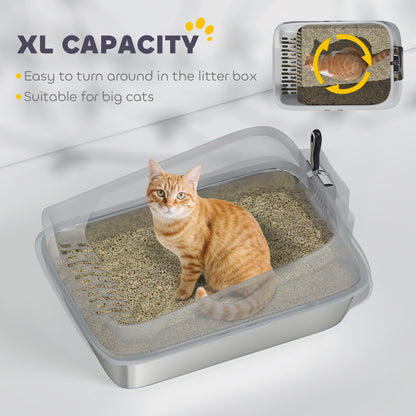 XL Stainless Steel Cat Litter Box with High Sides, 60 x 40 x 30 cm