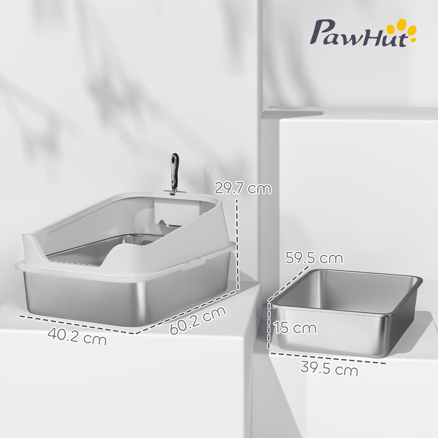 XL Stainless Steel Cat Litter Box with High Sides, 60 x 40 x 30 cm